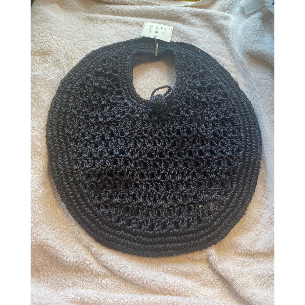 Sol and Mer Black Straw Circle Handbag Woven Crochet Summer Beach Tote NEW